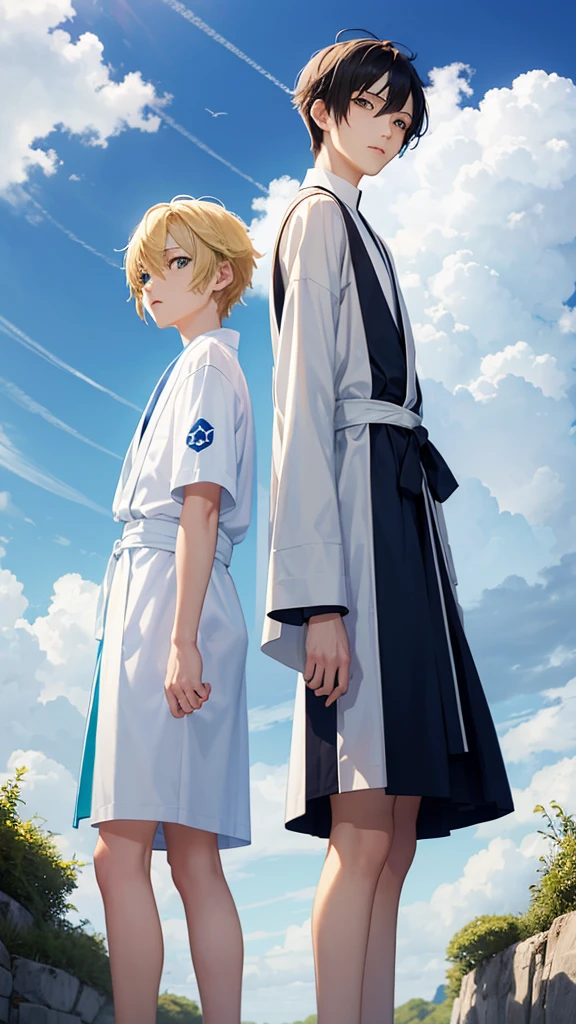 Young Ren and young Minato、Scene of standing on white clouds in a blue sky。Behind them is blue々The clear sky background spreads out.。Len has short black hair and green eyes.、Wearing casual adventure clothing。Minato has short blonde hair and blue eyes.、Wearing a white robe。