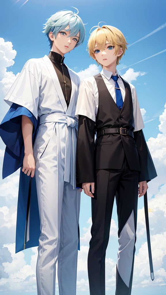 Young Ren and young Minato、Scene of standing on white clouds in a blue sky。Behind them is blue々The clear sky background spreads out.。Len has short black hair and green eyes.、Wearing casual adventure clothing。Minato has short blonde hair and blue eyes.、Wearing a white robe。