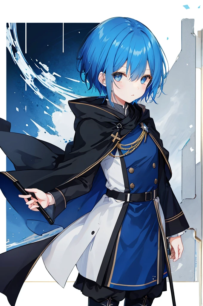 Girl、Blue hair short、Black cloak、German Officer Uniform