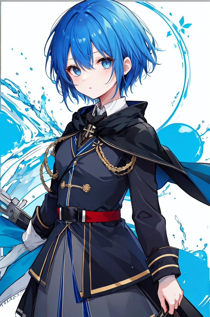 Girl、Blue hair short、Black cloak、German Officer Uniform