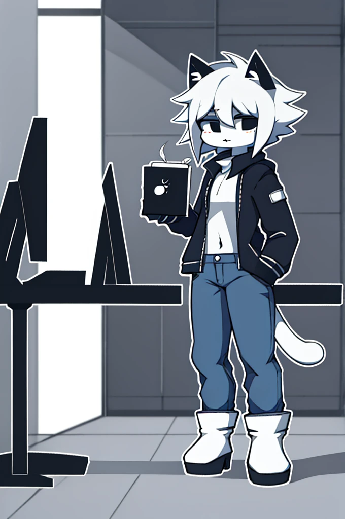 girl, furry, White cat, white hair, short hair, wide coffee boots, blue jeans, black open jacket, holding a white computer, alone, black eyes.