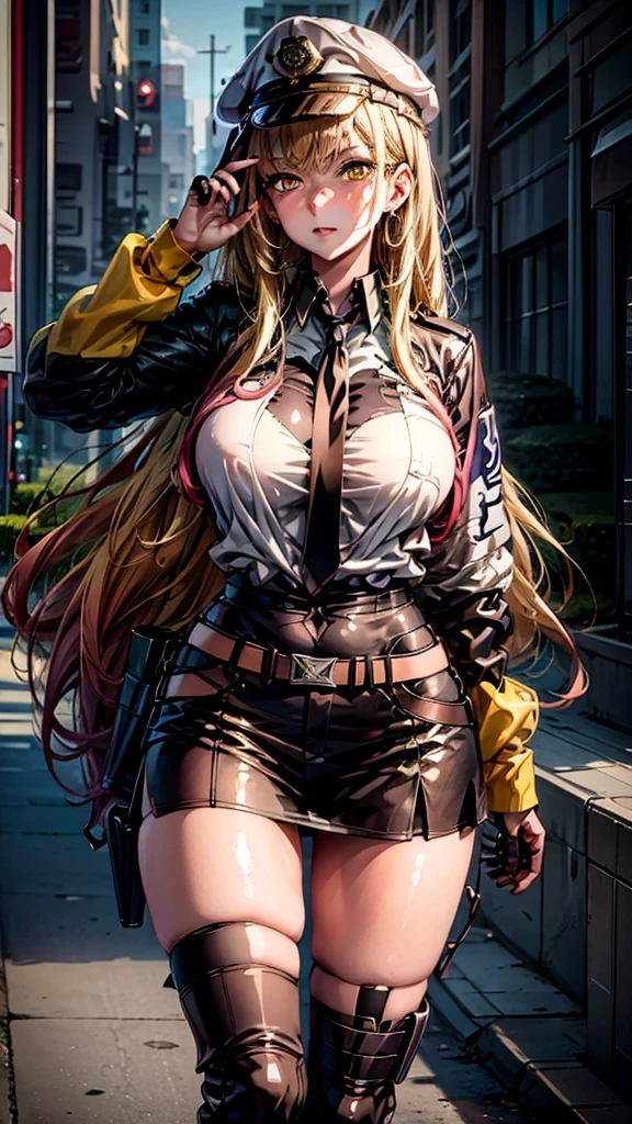 Yellow eyes,   a woman in a police uniform posing for a picture, marin kitagawa fanart, seductive anime girl, oppai, police officer, officer, range murata and artgerm, extremely detailed artgerm, from girls frontline, fine details. girls frontline, cushart krenz key art feminine, big breast, 1 girl, beast quality, blonde, yellow eyes, masterpiece, 4k, 8k, 10k, 