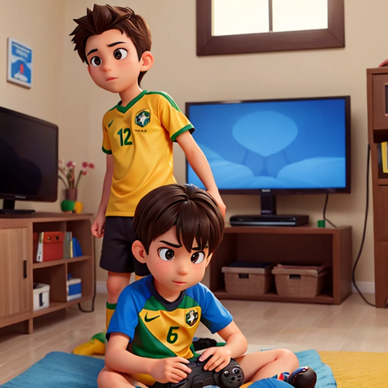 a boy with dark hair and brown eyes, Brazil shirt and a heatset playing video games in his room, and the image has to be from the front