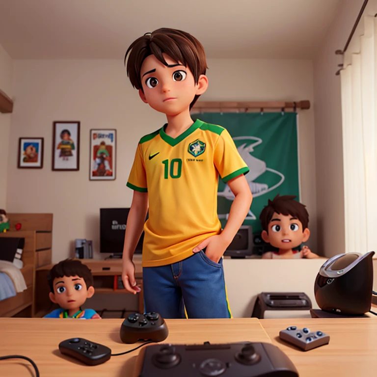 a boy with dark hair and brown eyes, Brazil shirt and a heatset playing video games in his room, and the image has to be from the front 