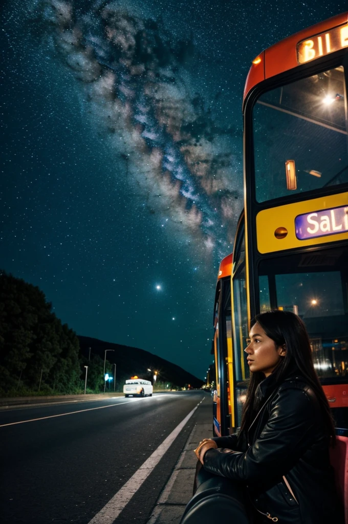 Woman waiting at night with a galaxy and a bus on the road