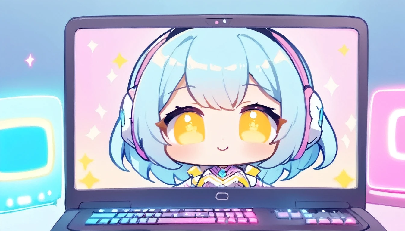 close up face, smile, On the computer screen, an anime chibi character vtuber is moving around energetically. Her character is cute, dressed in a colorful costume. Her voice is bright, entertaining the viewers. She plays games, talks, and responds to comments from viewers. The broadcast is on YouTube, and many viewers are sending comments while enjoying her movements. This scene symbolizes a new form of modern entertainment.