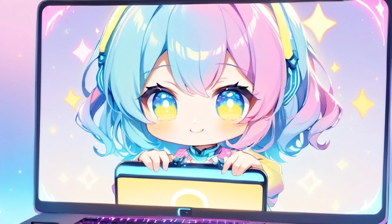 close up face, smile, On the computer screen, an anime chibi character vtuber is moving around energetically. Her character is cute, dressed in a colorful costume. Her voice is bright, entertaining the viewers. She plays games, talks, and responds to comments from viewers. The broadcast is on YouTube, and many viewers are sending comments while enjoying her movements. This scene symbolizes a new form of modern entertainment.