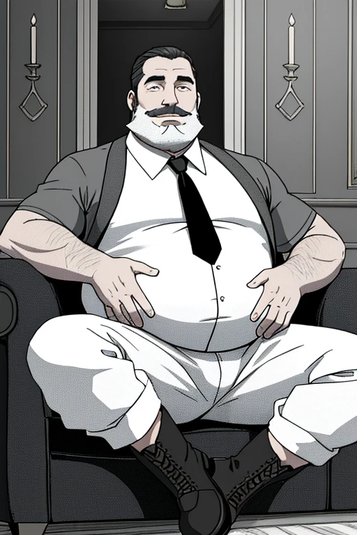 close up 1man in(handsome mature man plump chubby morbid extremely thick thighs bulging belly fat), older man, gray hair, white man, ( wearing,boots,stubble,police chief,bage,beard,old man,indoors,necktie,sitting,spread legs,), bulge, detailed glade on clothing, (fat and corpulent: 1.3), full beard very long, looking at the viewer, handsome man, detailed eyes, symmetrical face, mischievous smile, robust, mustache, longer hair, his body is lying sideways on the floor, front view.), (crossing arms: 1.22), (detailed living room background:1.1), on a couch, chilling, 4k textures, soft light, elegant, highly detailed, sharp focus, soothing tones, insane details, intricate details, hyperdetailed, low contrast, exposure blend, hdr, faded