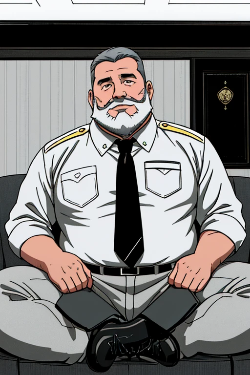 close up 1man in(handsome mature man plump chubby morbid extremely thick thighs bulging belly fat), older man, gray hair, white man, ( wearing,boots,stubble,police chief,bage,beard,old man,indoors,necktie,sitting,spread legs,), bulge, detailed glade on clothing, (fat and corpulent: 1.3), full beard very long, looking at the viewer, handsome man, detailed eyes, symmetrical face, mischievous smile, robust, mustache, longer hair, his body is lying sideways on the floor, front view.), (crossing arms: 1.22), (detailed living room background:1.1), on a couch, chilling, 4k textures, soft light, elegant, highly detailed, sharp focus, soothing tones, insane details, intricate details, hyperdetailed, low contrast, exposure blend, hdr, faded