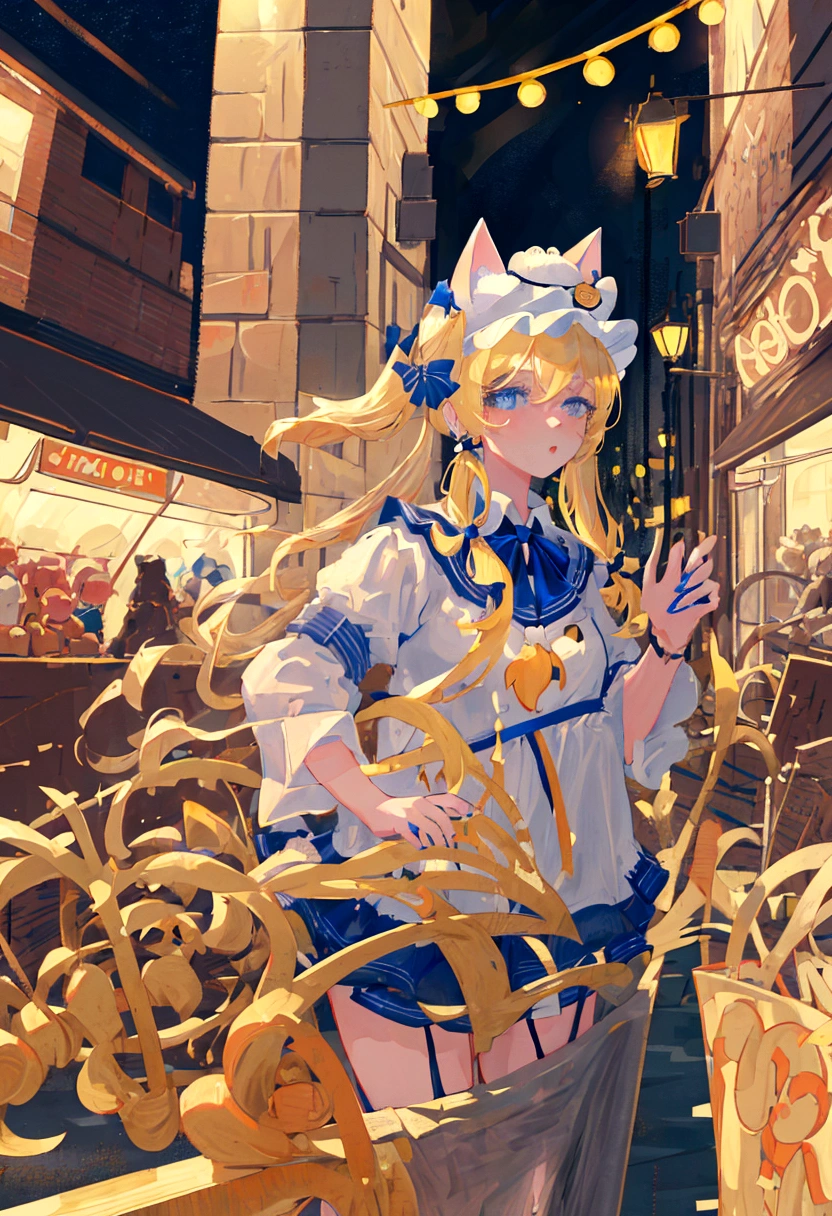 (best quality,4k,highres,masterpiece:1.2),ultra-detailed,realistic:1.37,blonde girl with long pigtails,blue eyes, wearing a cat ear hat, night background, street lamps lighting up the scene