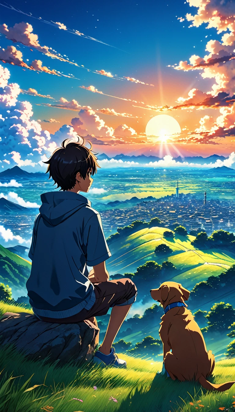 high quality, 8K Ultra HD, great detail, masterpiece, an anime style digital illustration, anime landscape of a young boy with his dog sitting on a hill, looking at a sky with bright clouds, anime nature screen with serene sky, beautiful scene anime, beautiful anime peace scene, Makoto Shinkai Cyril Rolando, beautiful anime scene, amazing wallpaper, 8k anime art wallpaper, anime background, art anime background, 4k anime wallpaper, background anime art wallpaper 4k, anime art wallpaper 4k,