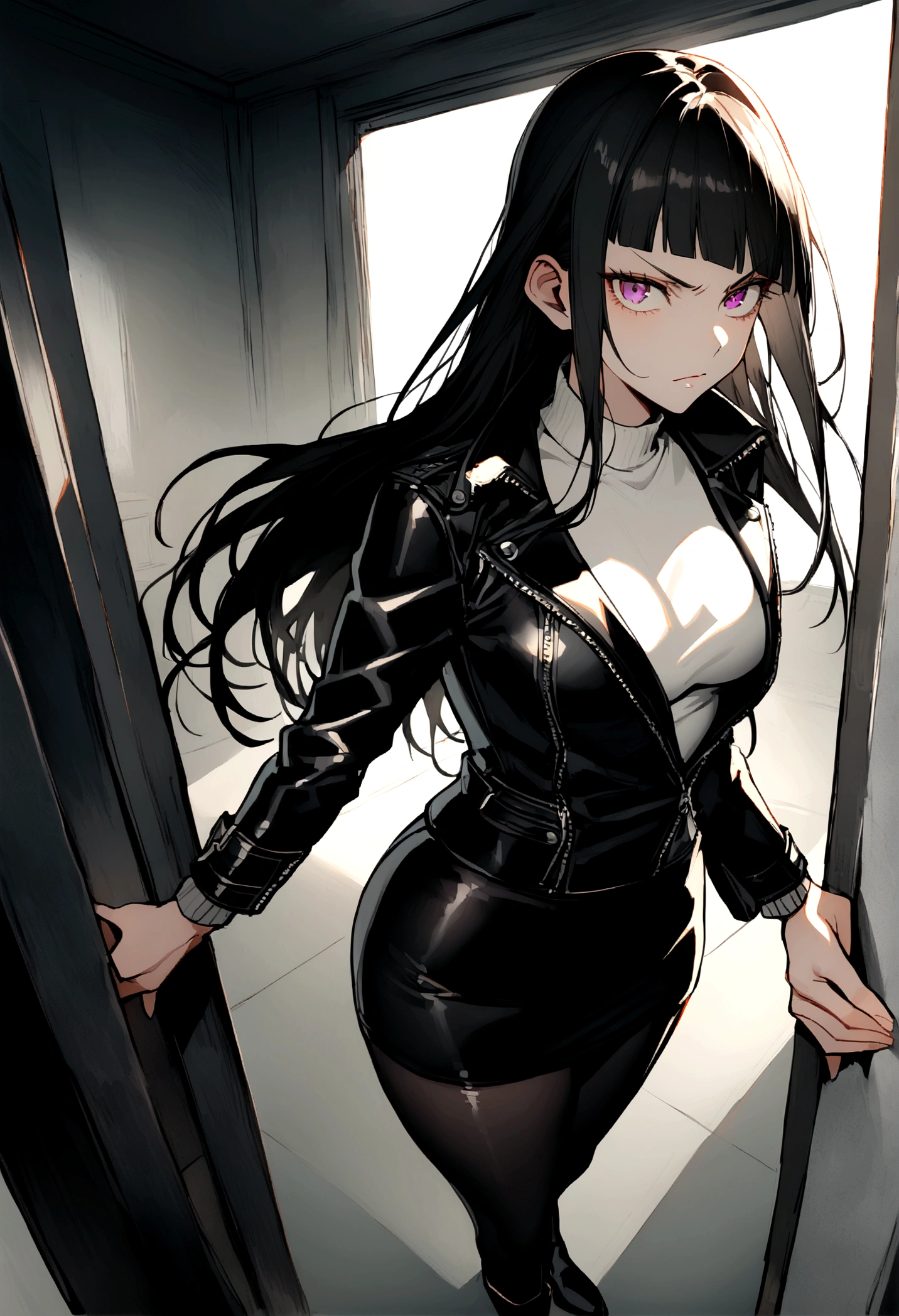 juri han,beautiful young warrior , with a very detailed and beautiful face, beautifuleyes, beautifuleyes, gorgeous face, beautiful young woman wearing long black leggings with black details, short mini skirt, usando leather jacket preta, Standing in an office, wearing black boots, long hair with black bangs, , evil grin ,white sweater with strap around, serious look,usando leather jacket preto, leather jacket