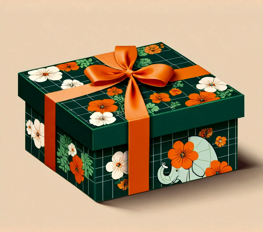 a beautifully designed gift box with handle, in the style of british plaid, Flowers，geometric lines, minimalist, modern, high-end, cute, color blocking, floral patterns, a cute elephant logo, orange and light green colors, illustration, cartoon, in the style of geometric, beautiful detailed, in the style of flat color vector design