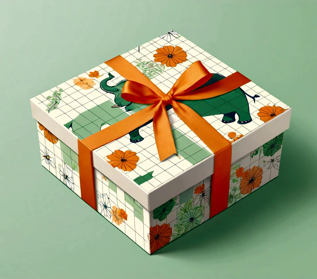 a beautifully designed gift box with handle, in the style of british plaid, Flowers，geometric lines, minimalist, modern, high-end, cute, color blocking, floral patterns, a cute elephant logo, orange and light green colors, illustration, cartoon, in the style of geometric, beautiful detailed, in the style of flat color vector design