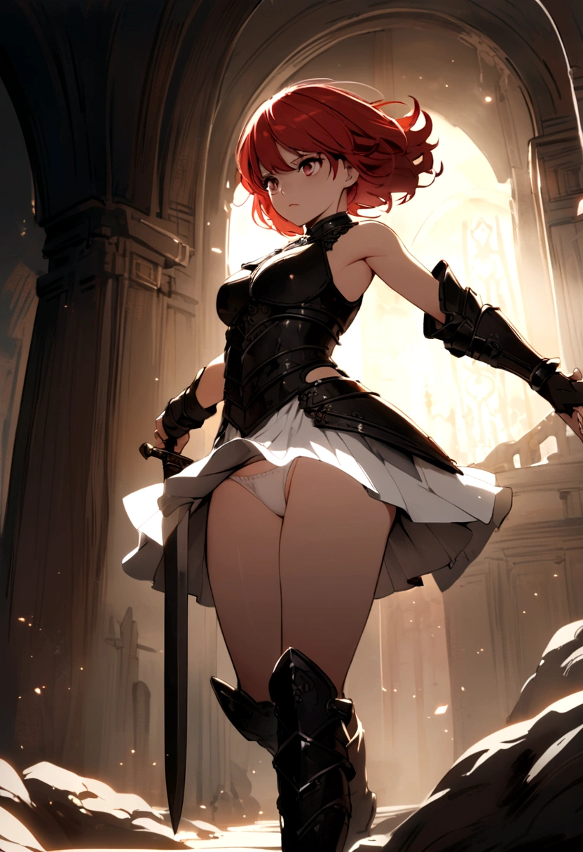 Warrior Girl, short red hair with, black torso sleeveless armor, long black metal boots, white skirt, white panties, with a short Sword