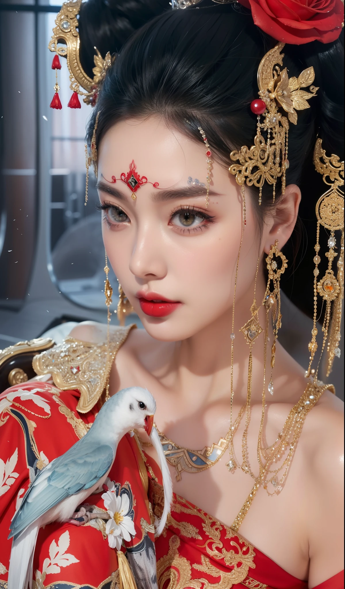 Royal princess,Super detailed, Delicate face, Stock Photography , Portrait 400, F1 Camera Lens.6, Colorful, Surrealism, Realistic textures, Dramatic Lighting, Thin Film Distiller 800 (8K, original photo, Better quality, masterpiece: 1.2), Super detailed, (Extremely delicate skin: 1.2), 8K 超高清, SLR camera, Soft Light, high quality.Fire Queen,Blue pupils,Apply red lipstick,Have a tattoo,The tattoo is very three-dimensional,Gorgeous and intricate tattoo designs,8K Mugshot,Large Breasts,Dark eyeshadow,Sexy thick lips(Red lipstick),Ice Princess,The facial features are very three-dimensional,Gorgeous and exquisite crystal diamond lace wedding dress,Empress Wu Zetian,There is a fan(There is a bird on it)
