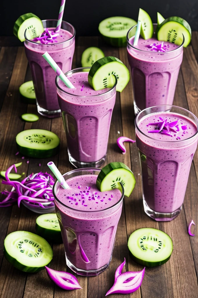 make unique and atttactive smoothie mixed by dragon fruit and cucumber,  put it on the shake cups and also put some dragon fruit and cucumber in background so that it easy to understand, make it wonderful