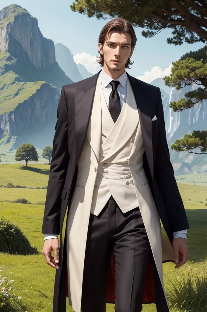Generate an image that represents self-development and personal growth, In this image there must be a tall and elegant man, in front of a beautiful landscape of nature, This man has an empowered look and appears to be at peace and well with himself. He appears to have achieved everything he wanted in life and feels fulfilled.