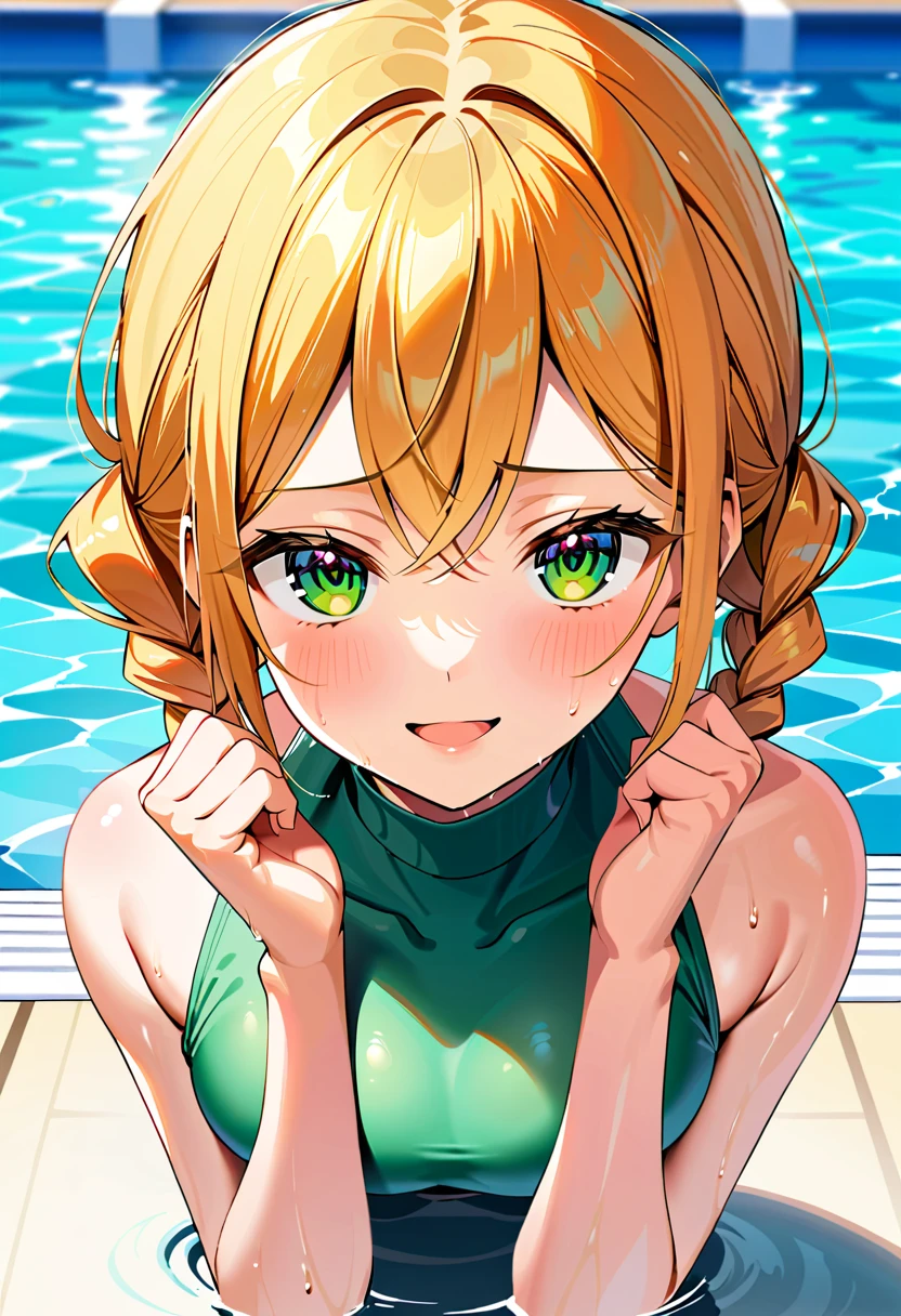 Highest quality、High resolution、Detailed Background、(Beautiful face in every detail:1.4)、Anatomically correct、(Detailed facial expressions)、(fine grain:1.2)、Teenage Beauty、Cute hair color、Braided bob cut、One girl, ((Primary school students)), Junior competitive swimmer, ((Turtleneck one piece swimsuit)), Simple design without patterns, Clear metallic green swimsuit, Small breasts、Perfect body line、 Portrait, ((Close-up of the mouth)), View your viewers, Outdoor swimming pool, From the side, Partially submerged, Wet Skin, A quiet smile with closed mouth, (armpit), Hands do not hold anything