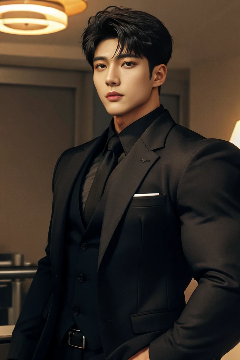 1 handsome young muscular man, (brutalmass:1.55), (kpop: 1.33), model, (detailed perfect face, black eyes: 1.2345), standing indoors, (extremely wide and broad shoulders, super muscular, giant muscles, defined abs: 1.331), (black suit: 1.555), realistic skin, (ultra realistic, detailed, high quality, 8k image quality, finely detailed, masterpiece, best quality: 1.2), facing camera, looking at camera
