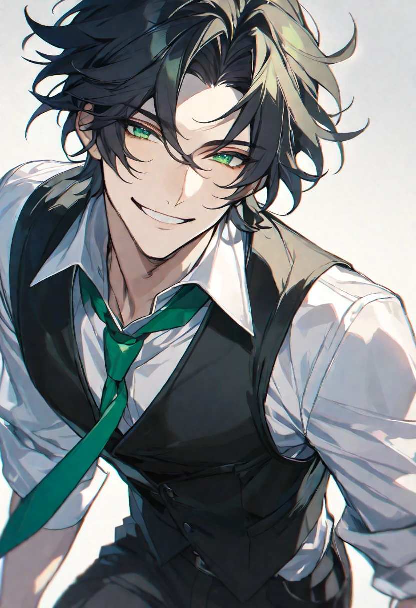 Solo, 1 male, handsome, black hair, green eyes, white shirt, green tie, black vest, black pant, smile facial