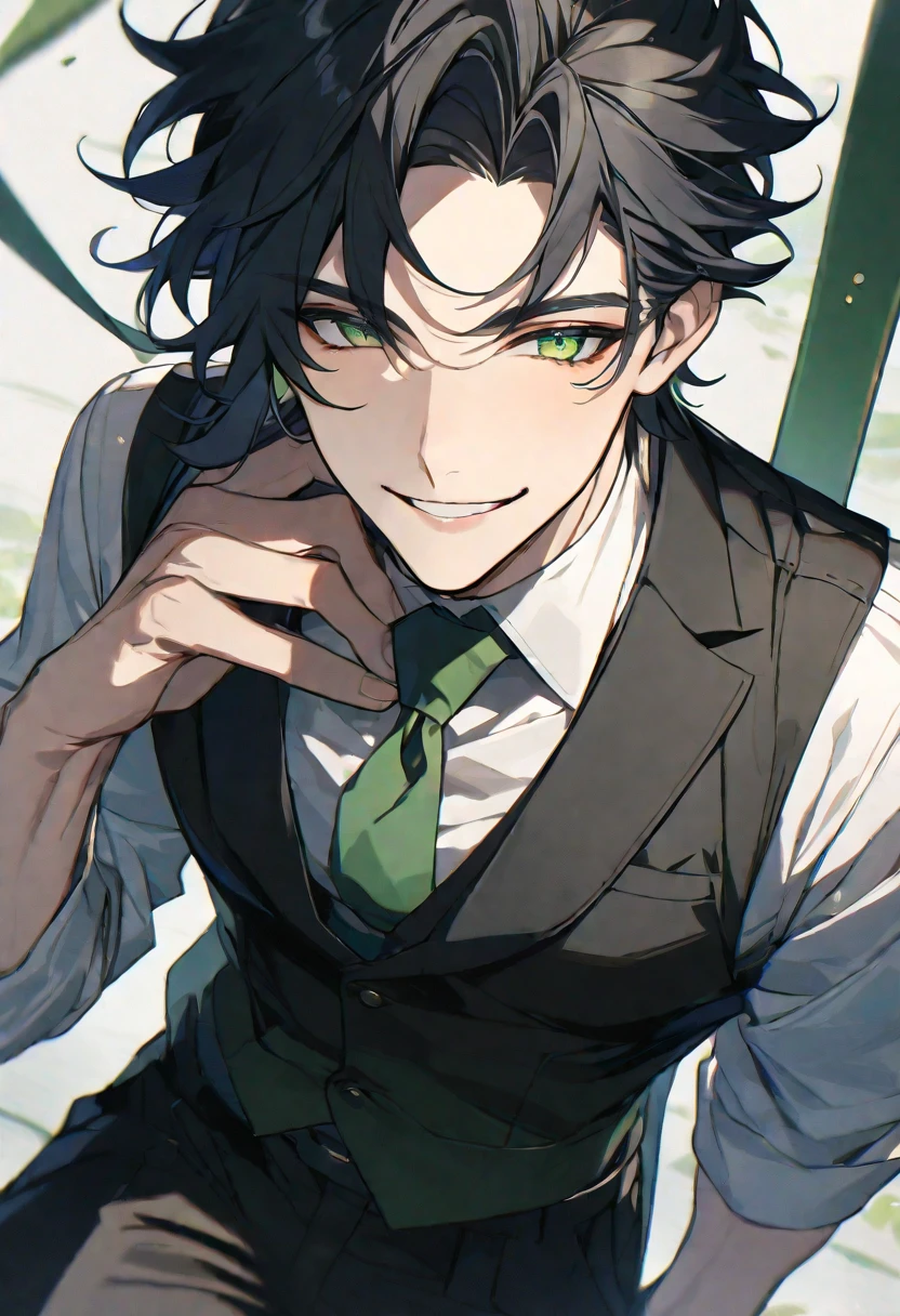 Solo, 1 male, handsome, black hair, green eyes, white shirt, green tie, black vest, black pant, smile facial