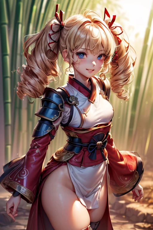#Basics A girl is posing for a photo, animeのかわいい女の子, (((One Girl, Baby Face, Young girl, ))),
BREAK
#Clothing Accessories
((Red and Black)A robot girl wearing Japanese-style armor based on the yukata motif, breastplate, Gauntlet, Combat Boots),
BREAK
#Features
((Blonde:1.4 Curly hair:1.4, (Twin tails : Short Hair + Full and voluminous hair + White ribbon)),
(Droopy eyes, blue eyes), (Small breasts),
BREAK
#background environment
((Morning Glow, bamboo forest:1.4, well)),
#Facial Expression Pose
((Wicked Smile), (Are standing)),
#composition
((Face the camera, Angle from the front, Cowboy Shot:1.4)),
BREAK
#Body parts elements
(Detailed hair, Beautiful Hair, Shiny Hair),
(double eyelid, Long eyelashes),
(Expression of fine eyes, Beautiful and delicate eyes, Sparkling eyes, Eye Reflexes, Glitter Eyeliner),
(Human Ear),
(Beautiful Nose, Thin Nose),
(Glossy lips, Beautiful Lips, Thick lips, Glossy Lips, Natural Cheeks),
(Detailed face, Symmetrical facial features),
(Detailed skin, Textured skin, Beautiful Skin, Shiny skin),
BREAK
#Quality
(((Highest quality)), ((masterpiece)), ((Very detailed))), ((High resolution), (16K,1080P)),
(Realistic), (Anatomically correct),
((comics, anime)), (3DCG), CG illustration,
