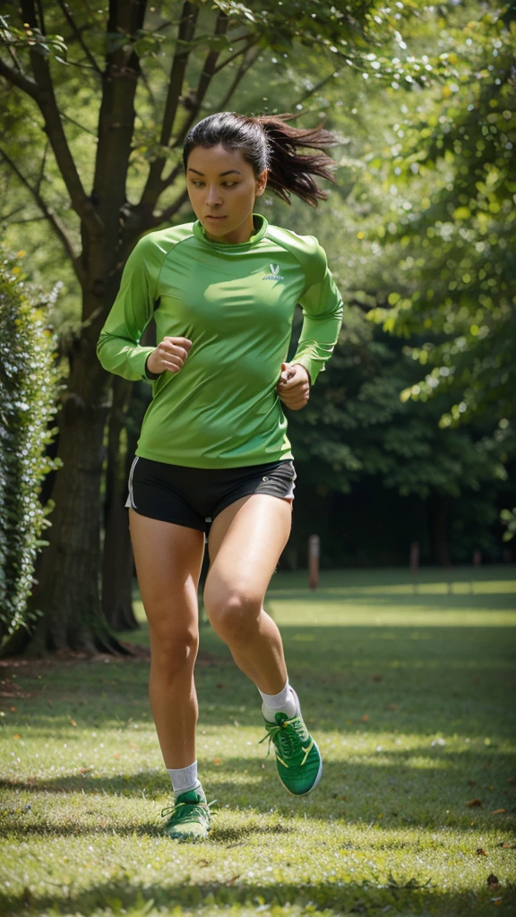 Modern woman infused with ancient athlete traits, running beside a river under a radiant sun, surrounded by spectators along the banks, wearing a high-performance outfit with Amazonian warrior motifs, lightweight breathable footwear highlighting her athletic physique and endurance, hyper-realistic photographic photo-realistic