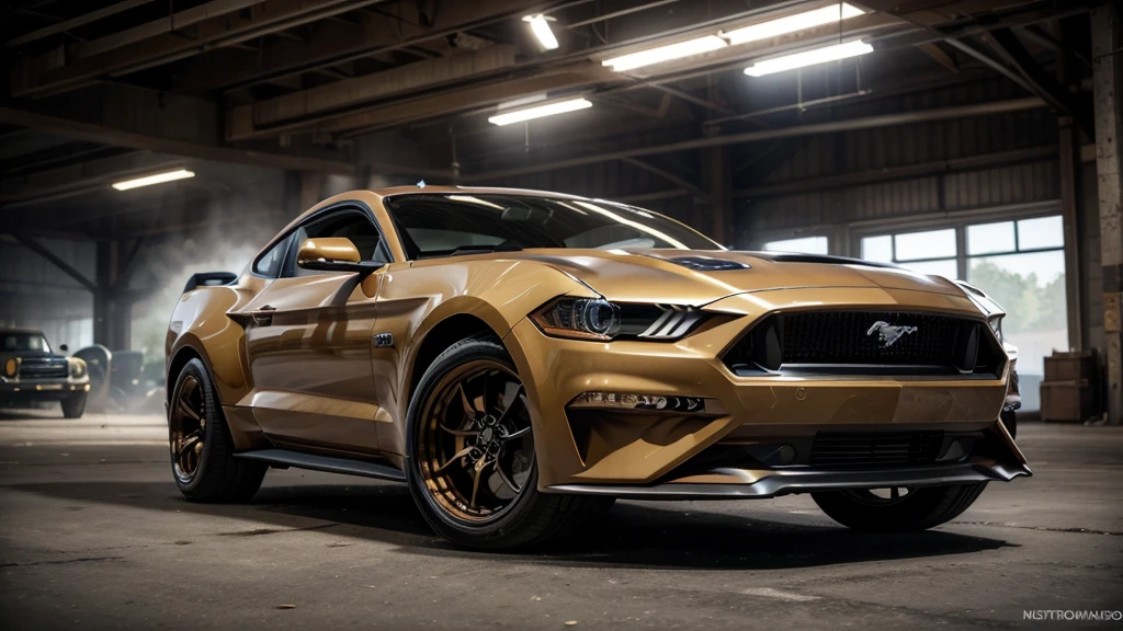a steampunk car, ford mustang, a steampunk city, Nikon, Canon, panorama, first-person view, 16k, 8k, highres, best quality, award winning, high quality, high details, super detail, masterpiece