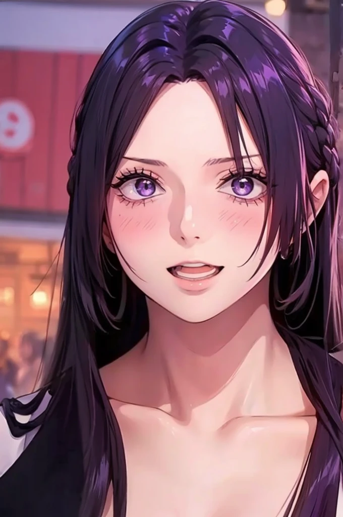 ((masutepiece, Best Quality, hight resolution, nffsw, Perfect Pixel, depth of fields, 4K, nffsw, nffsw))), 1girl in, Single, Solo, cute young anime girl, Beautiful Art Style, Anime Character, ((Long hair, Bangs, purple hair)), ((red eyes:1.4, rounded eyes, Beautiful eyelashes, Realistic eyes)), ((Detailed face, Blushing:1.2)), ((Smooth texture:0.75, Realistic texture:0.65, Photorealistic:1.1, Anime CG style)), ((medium breasts, cleavage, busty, perky nipples)), Dynamic Angle, Perfect body, ((POV, Selfie Pose, Portrait)), ((???????, 1 bell collar)), Smile, Open mouth, amusement park, ((The cherry tree, Cherry blossoms fall)), dark skin