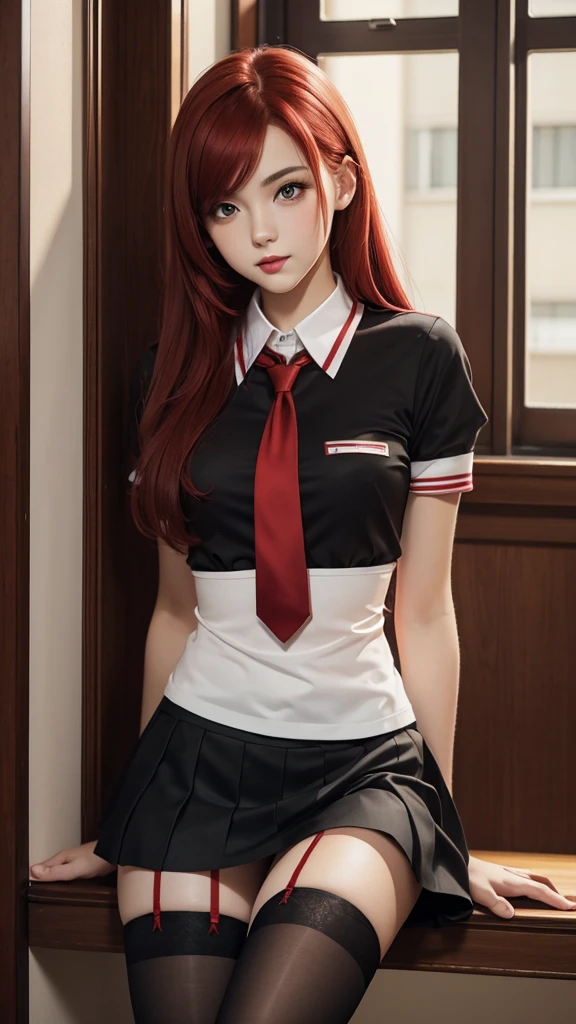 brunette woman , 21 years old year old, thin and small, college uniform, red tie, red hair, beauty, high stocking, black skirt