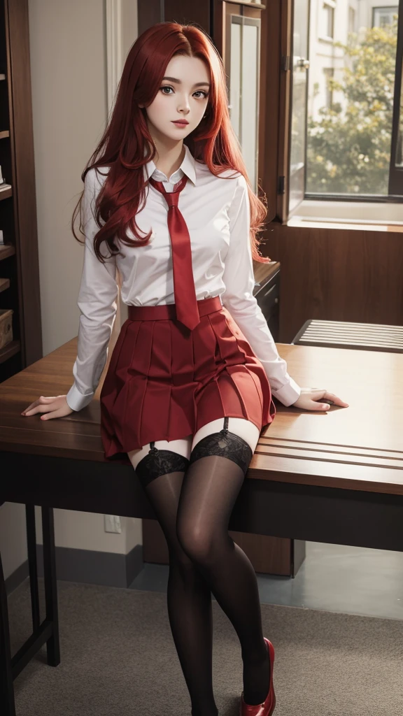 ph4nt0m01l, realistic, score_9, score_8_up, score_7_up, erotic portrait, office, desk, makima, long_hair, red hair, single braid, yellow_eyes, 1 girl, solo, blush, medium_breasts, smile, soft smile:0.01, white shirt, , tight fit, beautiful feet, painted nails, curvy, medium breasts, (sagging breasts:0.5), pussy, pussy hair:1.4, exposed, spread pussy, pussy full of cum, cum filled pussy, creampie, steamy feet:1.8., smelly feet, steaming body:15, one pair of high heels removed:1.5, feet just taken off from the high heels, steaming heels:1.6, filthy high heels, removed high heels on the desk, pov, cock pov, footjob, perfect anatomy, correct anatomy,