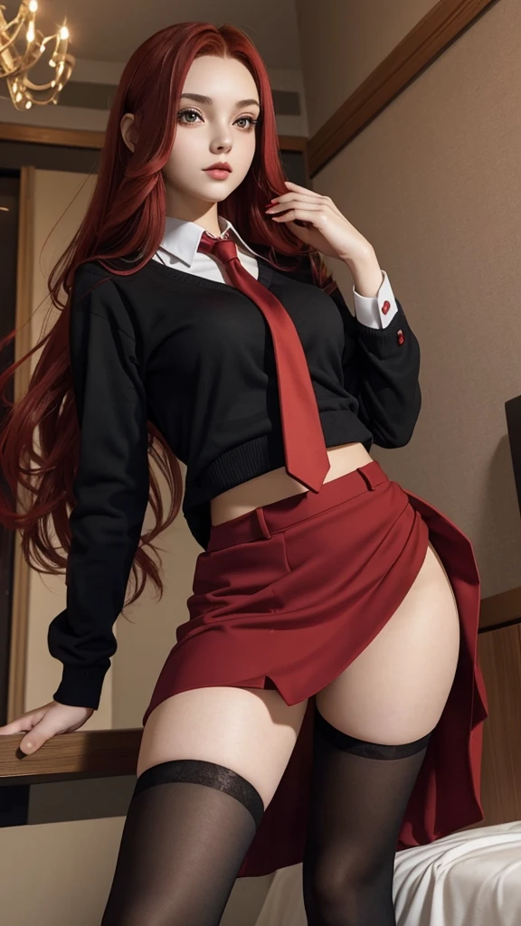 brunette woman , 21 years old year old, thin and small, college uniform, red tie, red hair, beauty, high stocking, black skirt