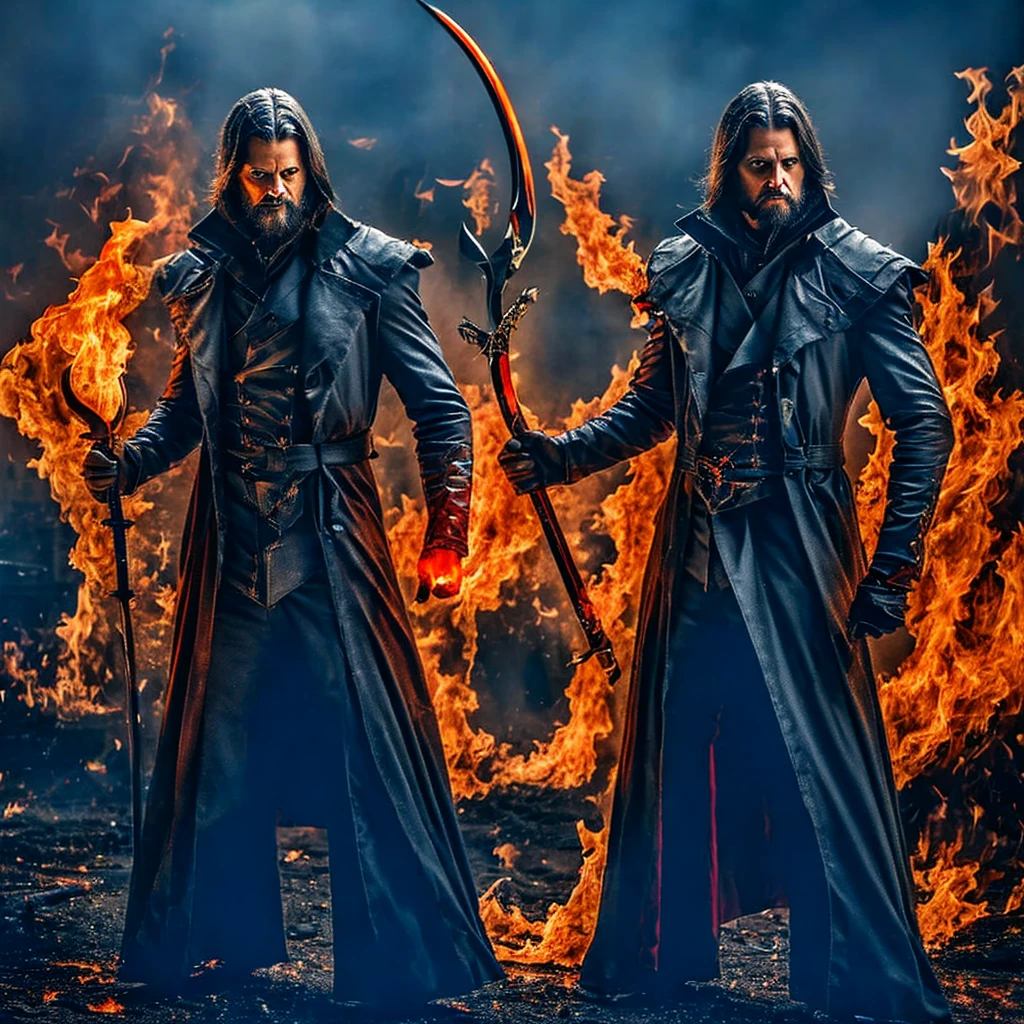 arrogant look, bloody flames everywhere, holding a terrifying scythe.