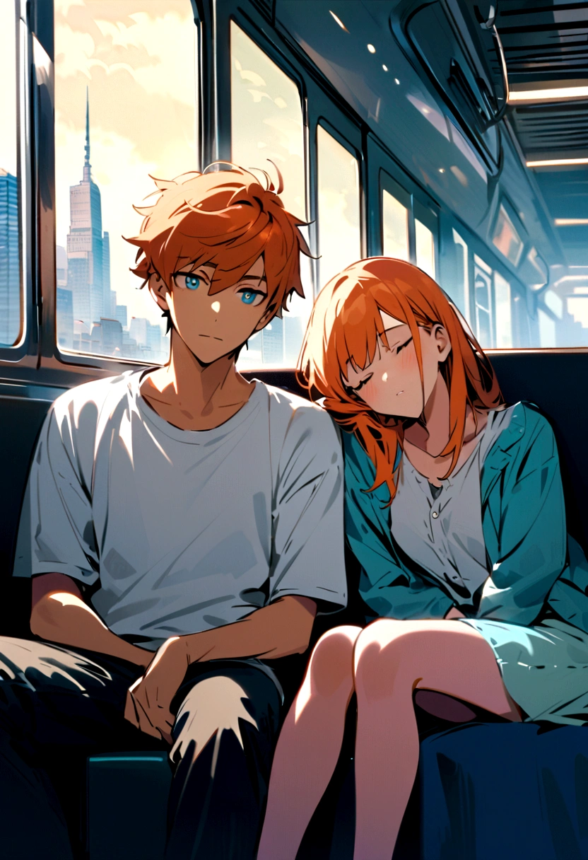 A handsome man with orange hair and his eyes closed is sitting next to a girl on a train. The girl has short white hair, and her head is leaning against his shoulder, while his head is leaning against hers, both having fallen asleep. They are both wearing modern clothes: the man is in a casual shirt and jeans, and the girl is in a simple dress and sneakers. The train has a sleek, contemporary interior with large windows, showing a blurred cityscape passing by outside. The scene captures a tranquil and intimate moment as they rest together.fromt view,front-facing, they're body close together,the young man is a head taller.