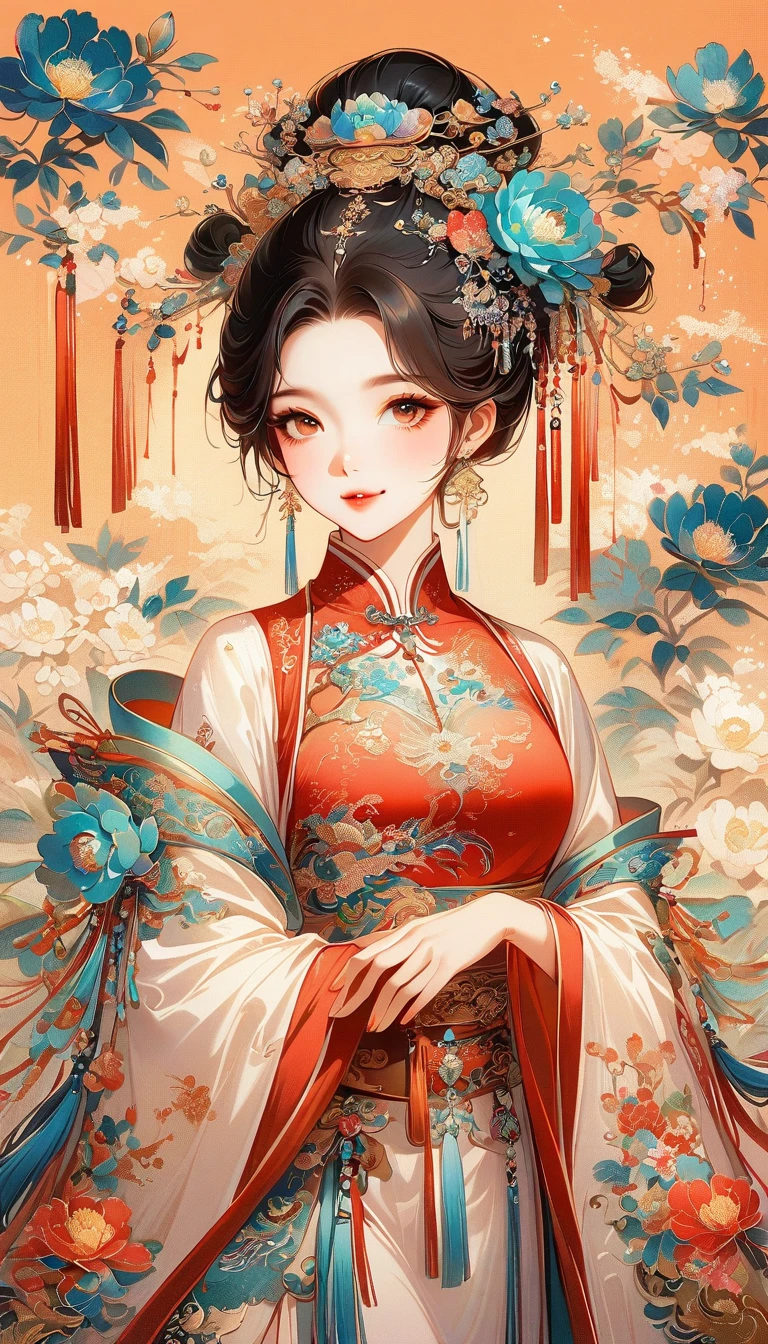 A beautiful young woman in traditional Chinese attire, sweet smile, from front, eyes look at other side, fashion pose, charming and attractive sexy pose, surrounded by a lush garden. gazing at it with gentle eyes. The woman's hair is styled in an elaborate updo adorned with flowers and traditional ornaments. Her dress is elegant, featuring fine silk with floral embroidery. The garden is in full bloom, with peonies and other flowers providing a backdrop. The scene captures the serenity and beauty of classical Chinese art, with a touch of nature harmony, (((Ultra-high saturation, high natural saturation, extremely bright colors)))