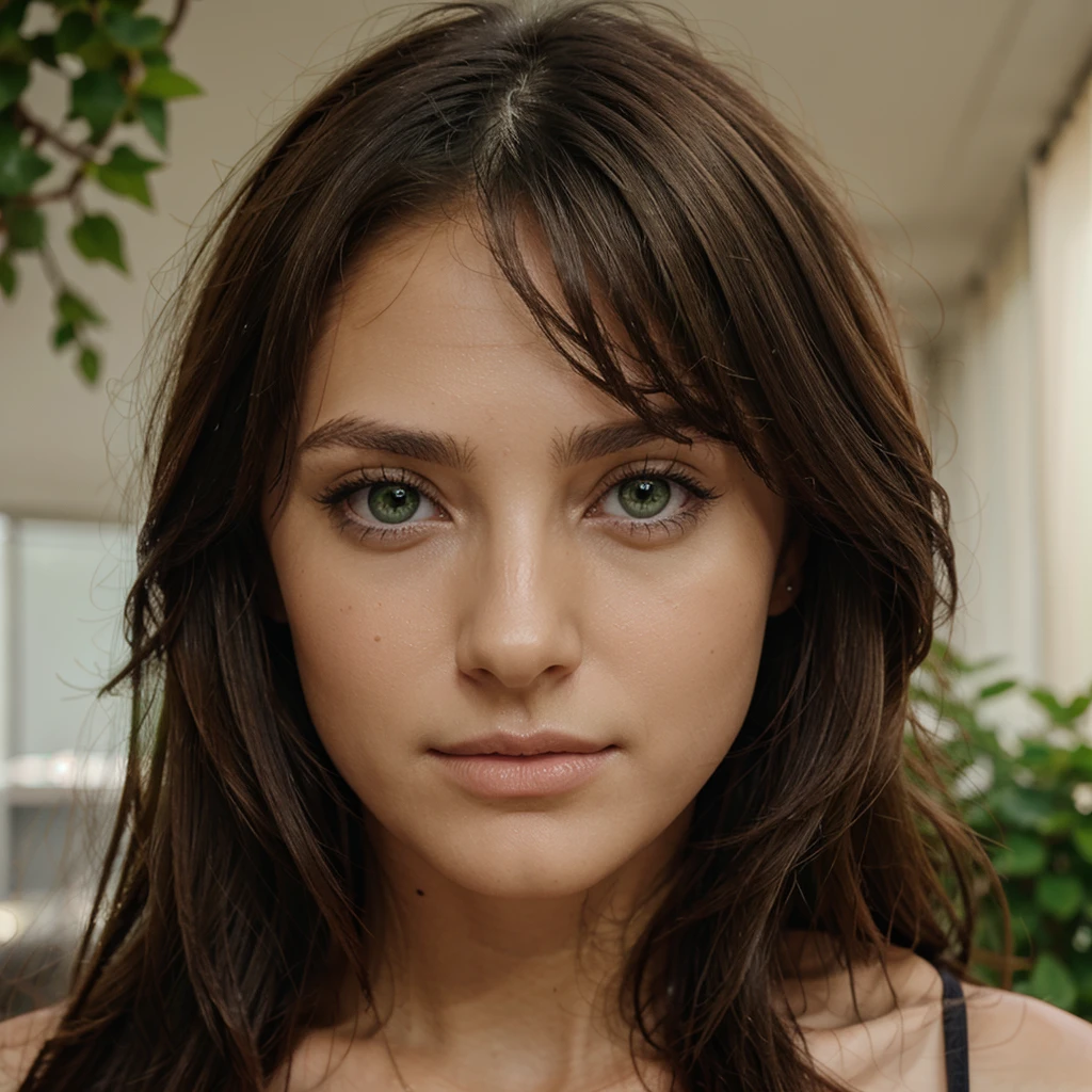 brune, yeux verts, de face