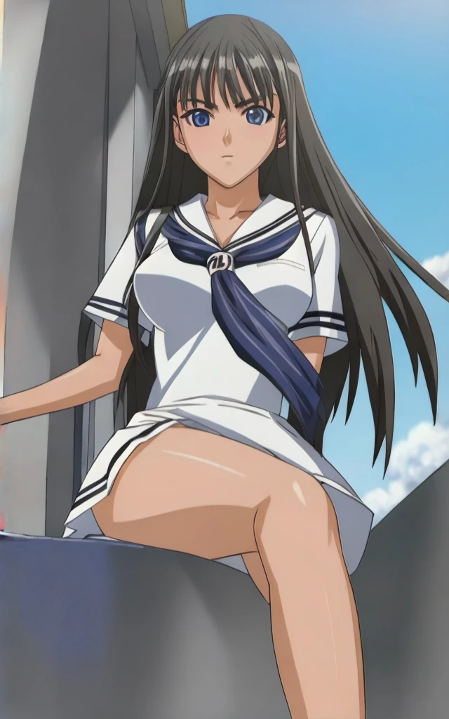 Mizushima Asa, who has big breasts and beautiful legs, is sitting on a chair with her legs spread wide in a miniskirt uniform.。