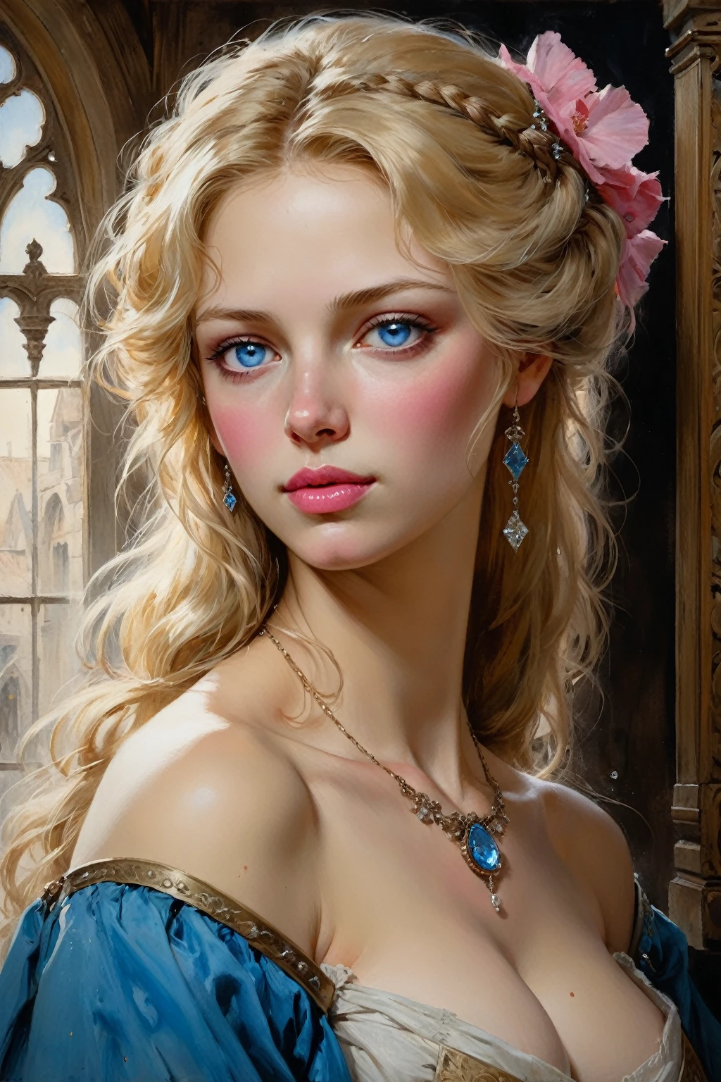 Victorian Hungarian women Women of the 14th century, Blonde hair, Pink lips, Nice feature, Wadim Kashin, james gurney, ink, Splash Art", Amazing beauty , Royo, after sexing, Super detailed splash art modern European oil ink painting, Mid Gorgeous chests, Gorgeous Body, oil painting, Light Diamond Blue eyes, Blush, Greg Rutowski, (no NSFW image).