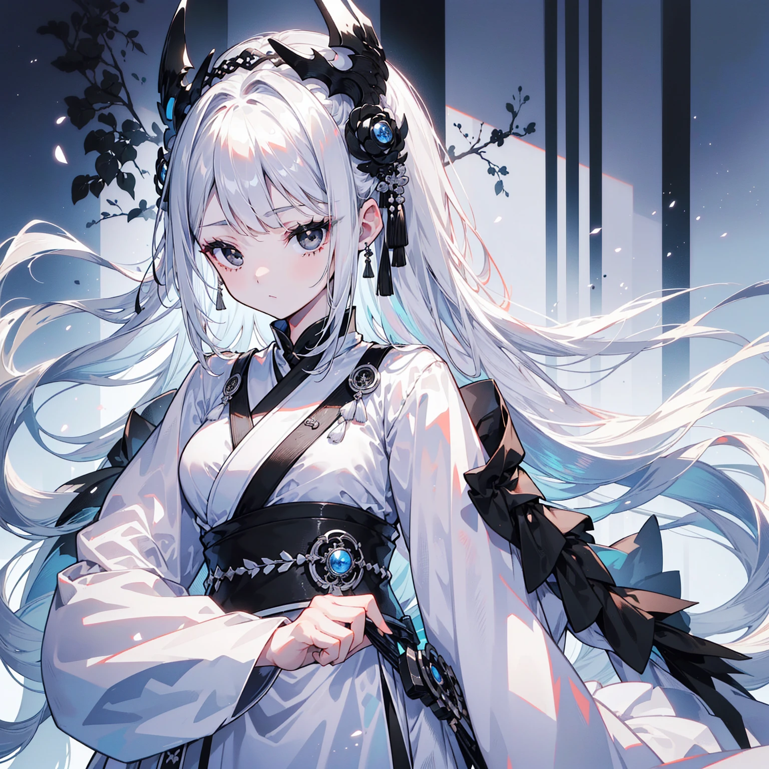 (Top image quality)、(Ultra Detailed)、(Facing forward)、top quality、masterpiece、(((1 girl)))、Silver Hair、white hair、((Long hair))、(black eyes:1.6)、(Hanfu)