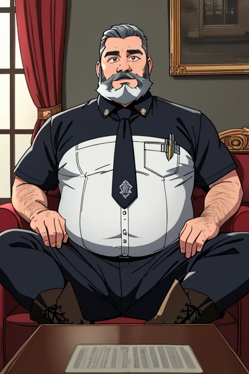 close up 1man in(handsome mature man plump chubby morbid extremely thick thighs bulging belly fat), older man, gray hair, white man, ( wearing,boots,stubble,police chief,bage,beard,old man,indoors,necktie,sitting,spread legs,), bulge, detailed glade on clothing, (fat and corpulent: 1.3), full beard very long, looking at the viewer, handsome man, detailed eyes, symmetrical face, mischievous smile, robust, mustache, longer hair, his body is lying sideways on the floor, front view.), (crossing arms: 1.22), (detailed living room background:1.1), on a couch, chilling, 4k textures, soft light, elegant, highly detailed, sharp focus, soothing tones, insane details, intricate details, hyperdetailed, low contrast, exposure blend, hdr, faded