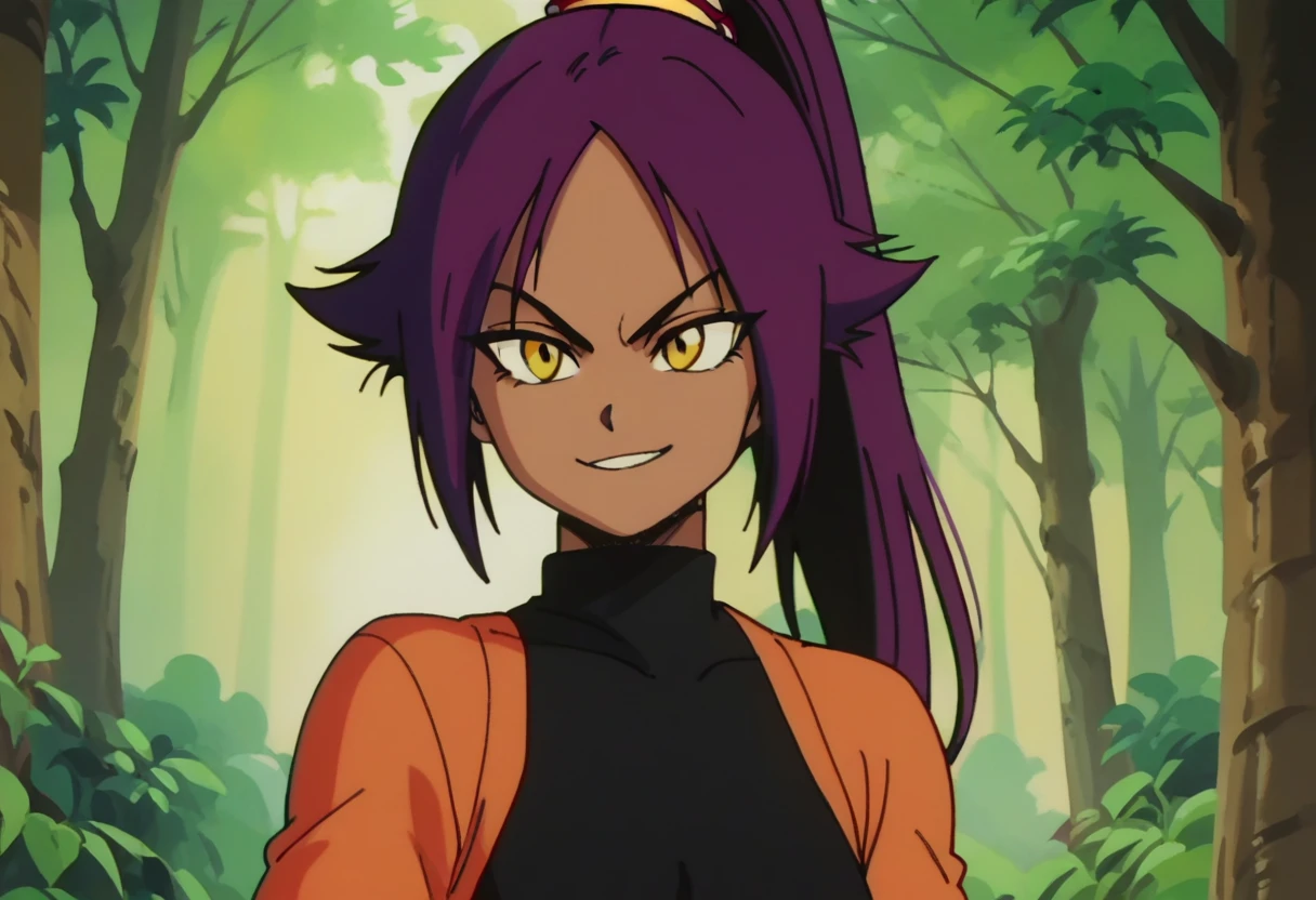 anime screencap,drgbls1, solo, anthro walrus,1girl,solo, yellow eyes,score_9, score_8_up, score_7_up, score_6_up, forest, upper body, , Yoruichi Shihoin,  smile, purple hair, ponytail, dark skinned female, black leotard
