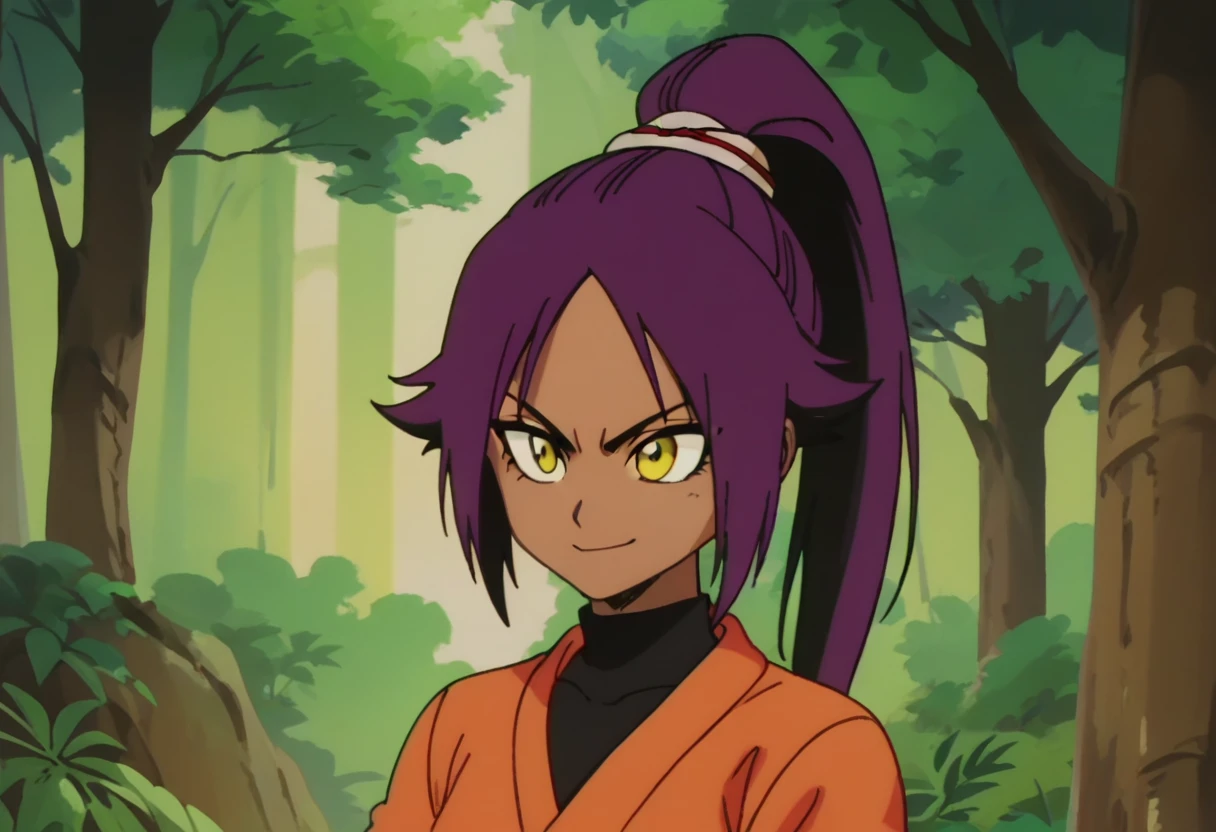 anime screencap,drgbls1, solo, anthro walrus,1girl,solo, yellow eyes,score_9, score_8_up, score_7_up, score_6_up, forest, upper body, , Yoruichi Shihoin, smile, purple hair, ponytail, dark skinned female, black leotard
