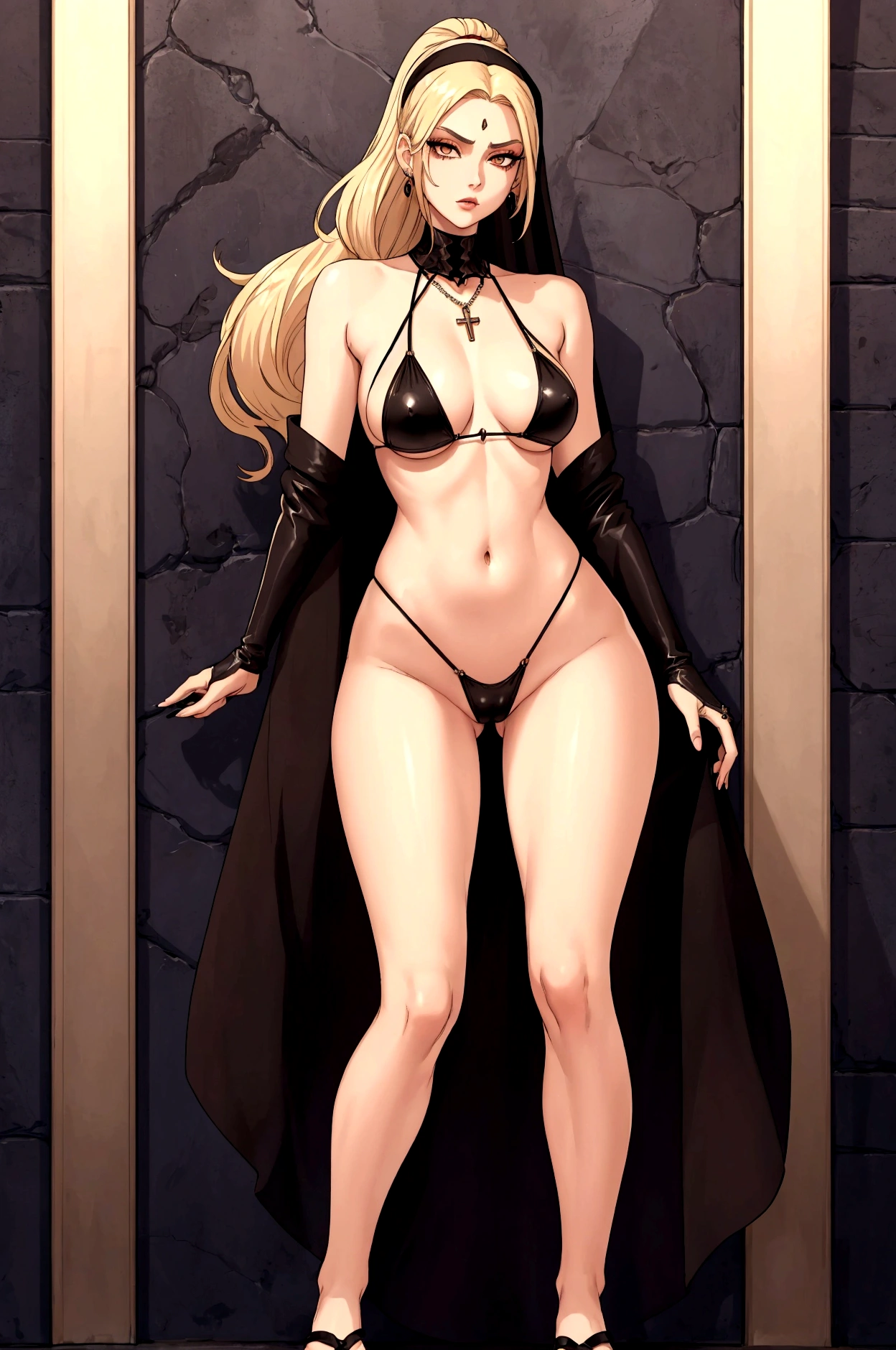Very tall, Slim; Nuns; Blonde hair and an incredibly long ponytail; Intense goth makeup; Brown eyes; Small Company,Pointy Chest; Sensual abdomen; Wearing Jewelry, necklace, earring, Transparent black bikini top, Short leather jacket, visible fancy figa thong string; gloves, ring, church, Highest quality, Expressive eyes, Perfect Face, masterpiece, The body is slim, Very long legs, Detailed stomach, Detailed hips, Detailed legs, Carefully drawn toes, Carefully drawn feet, Carefully drawn hand, Highest quality, Carefully drawn, Dynamic Angle, Very detailed, Captivating eyes,Japanese women、Show off your nipples, Invaded by a man