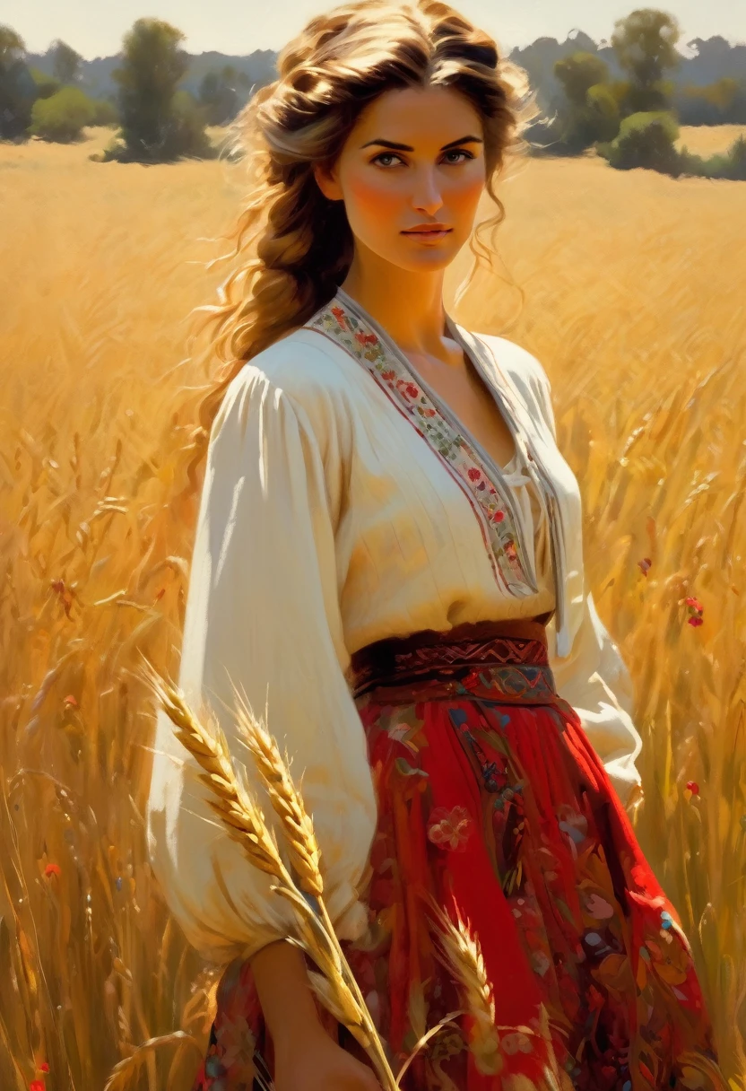 A painting of a woman holding a scythe in a field, by Slawomir Maniak, bohemian style, drawn in the style of mark arian, render of a delicate white muslin blouse with ornate lace embroidery, ::a vibrant red embroidered folkloric skirt blooms with intricate floral patterns, plains, wheat, by Michael Malm, pastoral themed, embroidered muslin clothes, artist - phil moss, award winning painting