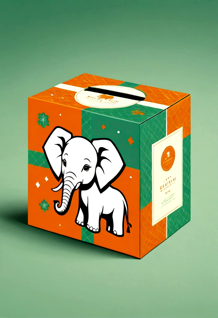 Beautifully designed flat rectangular gift box with handle in the style of English checkered, geometric lines, minimalist, modern, high end, cute, color blocking, floral motifs, a logo of an adorable baby elephant, orange and light green, illustration, cartoon, geometric style, beautifully detailed, flat color vector design style.