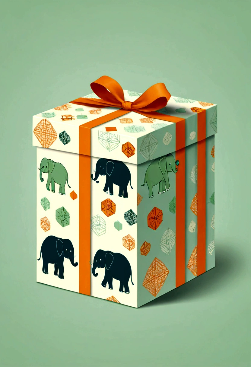 Beautifully designed flat rectangular gift box with handle in the style of English checkered, geometric lines, minimalist, modern, high end, cute, color blocking, floral motifs, a logo of an adorable  elephant, orange and light green, illustration, cartoon, geometric style, beautifully detailed, flat color vector design style.