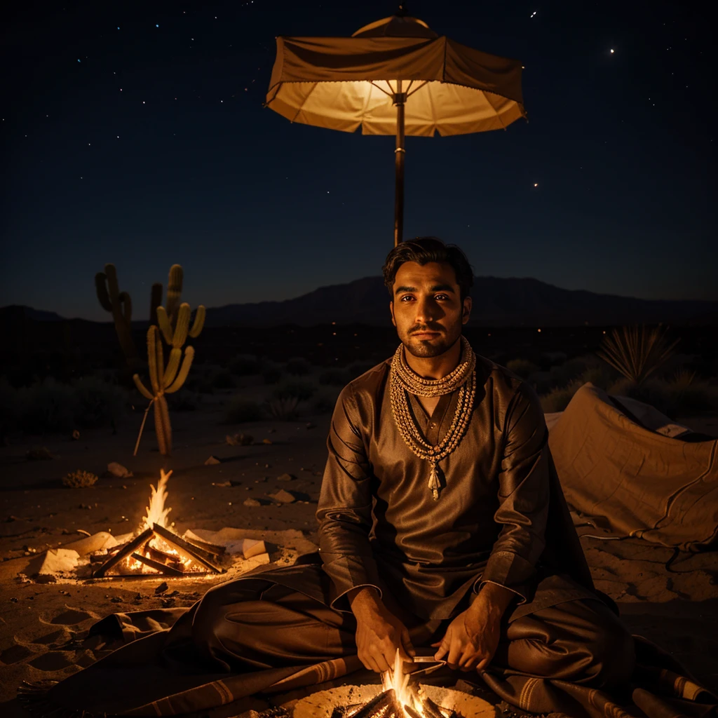 A man wearing a dress and a shemagh sits in the desert in front of a fire at night