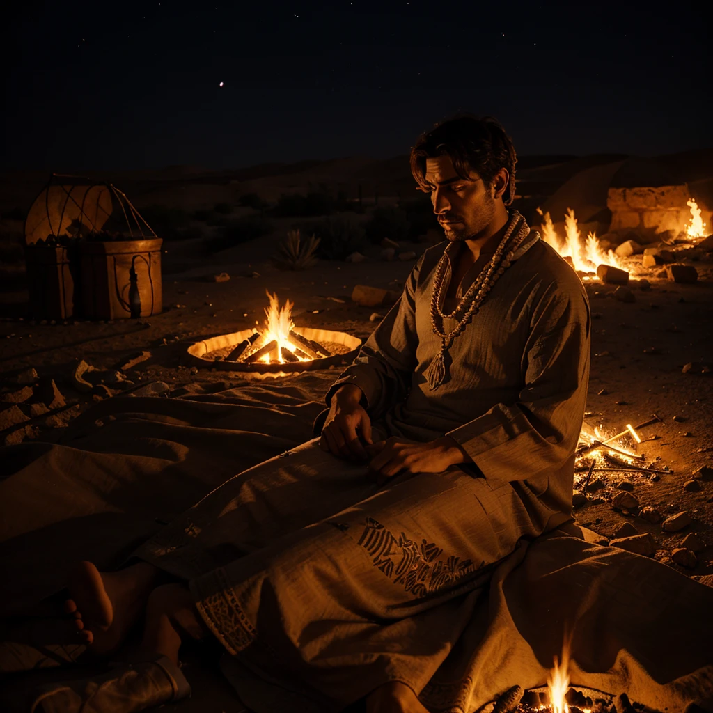 A man wearing a dress and a shemagh sits in the desert in front of a fire at night