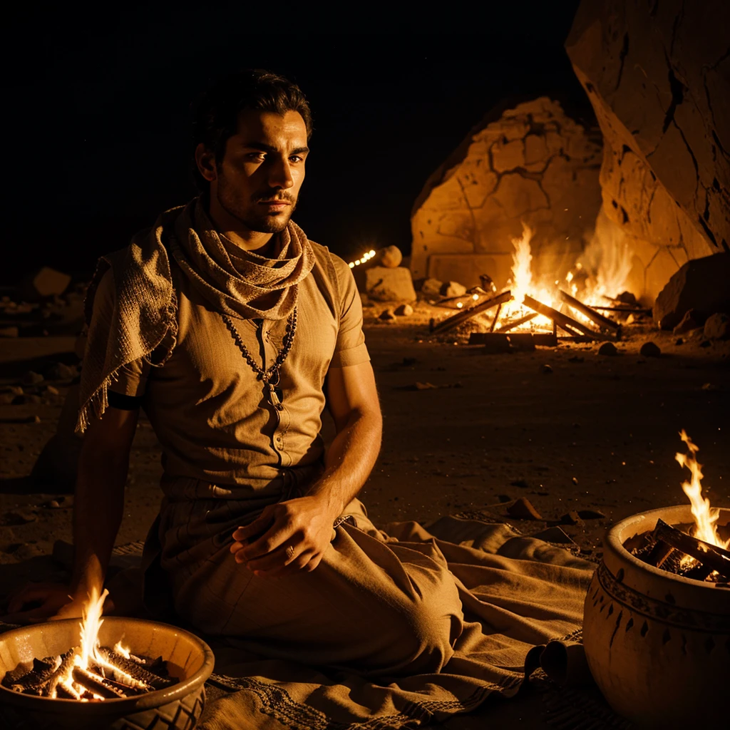 A man wearing a dress and a shemagh sits in the desert in front of a fire at night